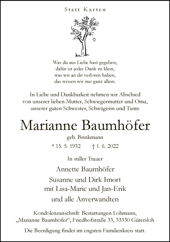 Traueranzeige von Marianne Baumhöfer von Neue Westfälische