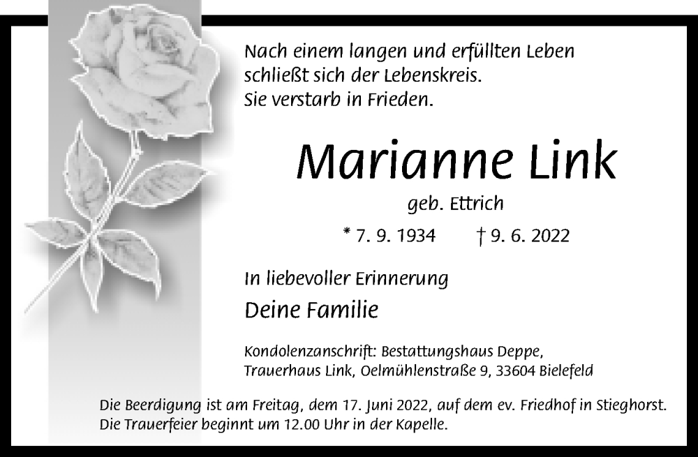  Traueranzeige für Marianne Link vom 14.06.2022 aus Neue Westfälische