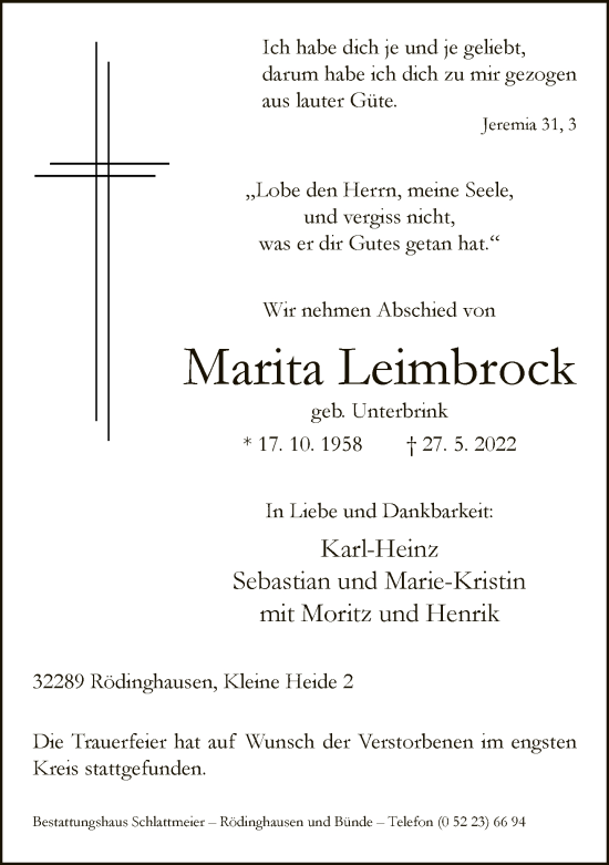 Traueranzeige von Marita Leimbrock von Neue Westfälische