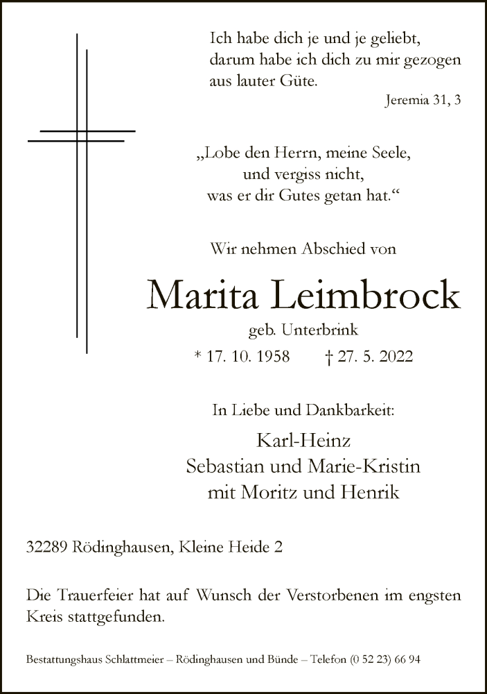  Traueranzeige für Marita Leimbrock vom 04.06.2022 aus Neue Westfälische