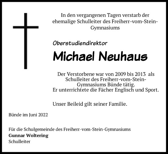 Traueranzeige von Michael Neuhaus von Neue Westfälische