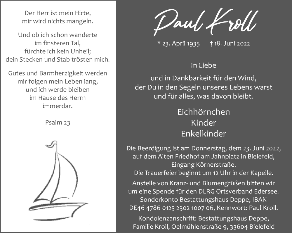  Traueranzeige für Paul Kroll vom 21.06.2022 aus Neue Westfälische