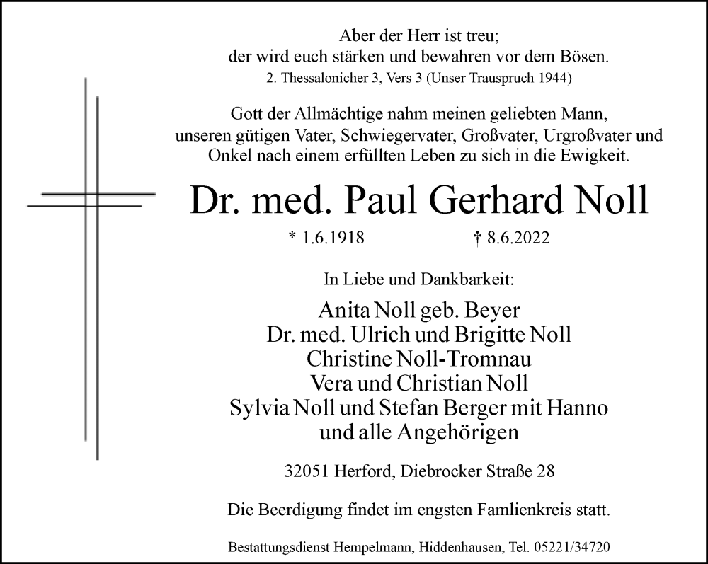  Traueranzeige für Paul Gerhard Noll vom 11.06.2022 aus Neue Westfälische