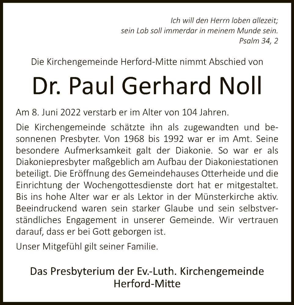 Traueranzeige für Paul Gerhard Noll vom 21.06.2022 aus Neue Westfälische