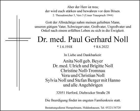 Traueranzeige von Paul Gerhard Noll von Neue Westfälische