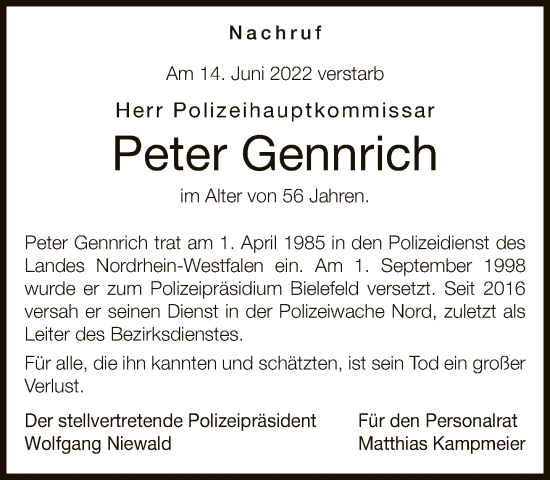 Traueranzeige von Peter Gennrich von Neue Westfälische