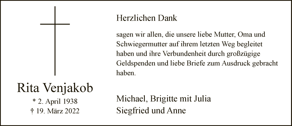  Traueranzeige für Rita Venjakob vom 18.06.2022 aus Neue Westfälische