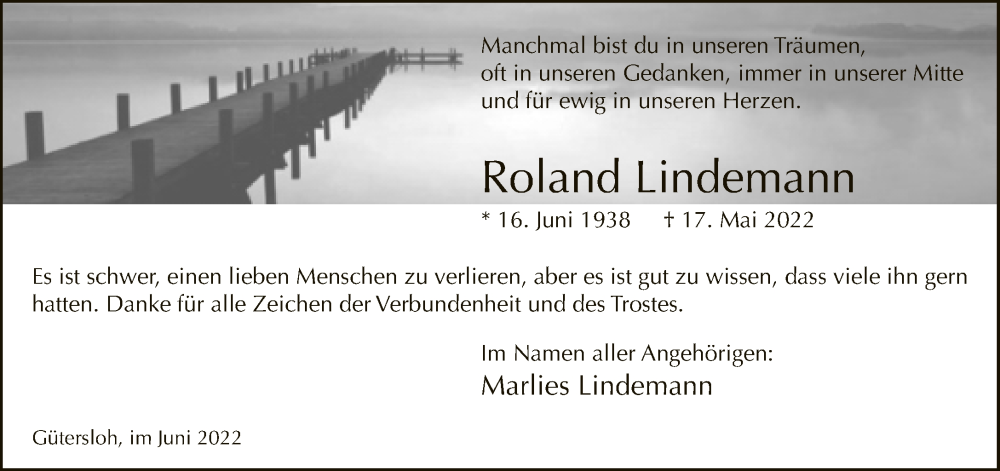  Traueranzeige für Roland Lindemann vom 25.06.2022 aus Neue Westfälische