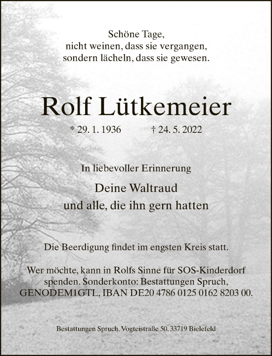 Traueranzeige von Rolf Lütkemeier von Neue Westfälische