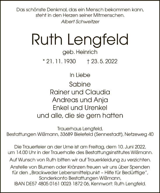 Traueranzeige von Ruth Lengfeld von Neue Westfälische