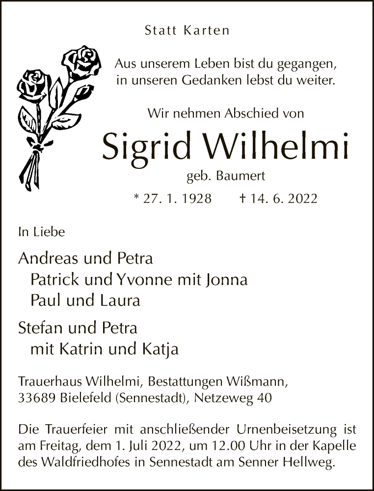  Traueranzeige für Sigrid Wilhelmi vom 22.06.2022 aus Neue Westfälische