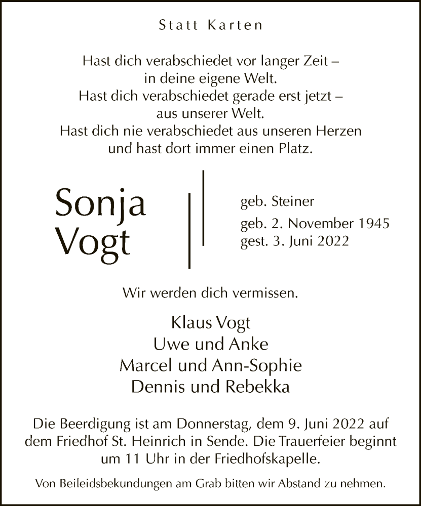  Traueranzeige für Sonja Vogt vom 08.06.2022 aus Neue Westfälische