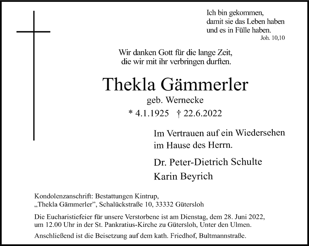  Traueranzeige für Thekla Gämmerler vom 25.06.2022 aus Neue Westfälische