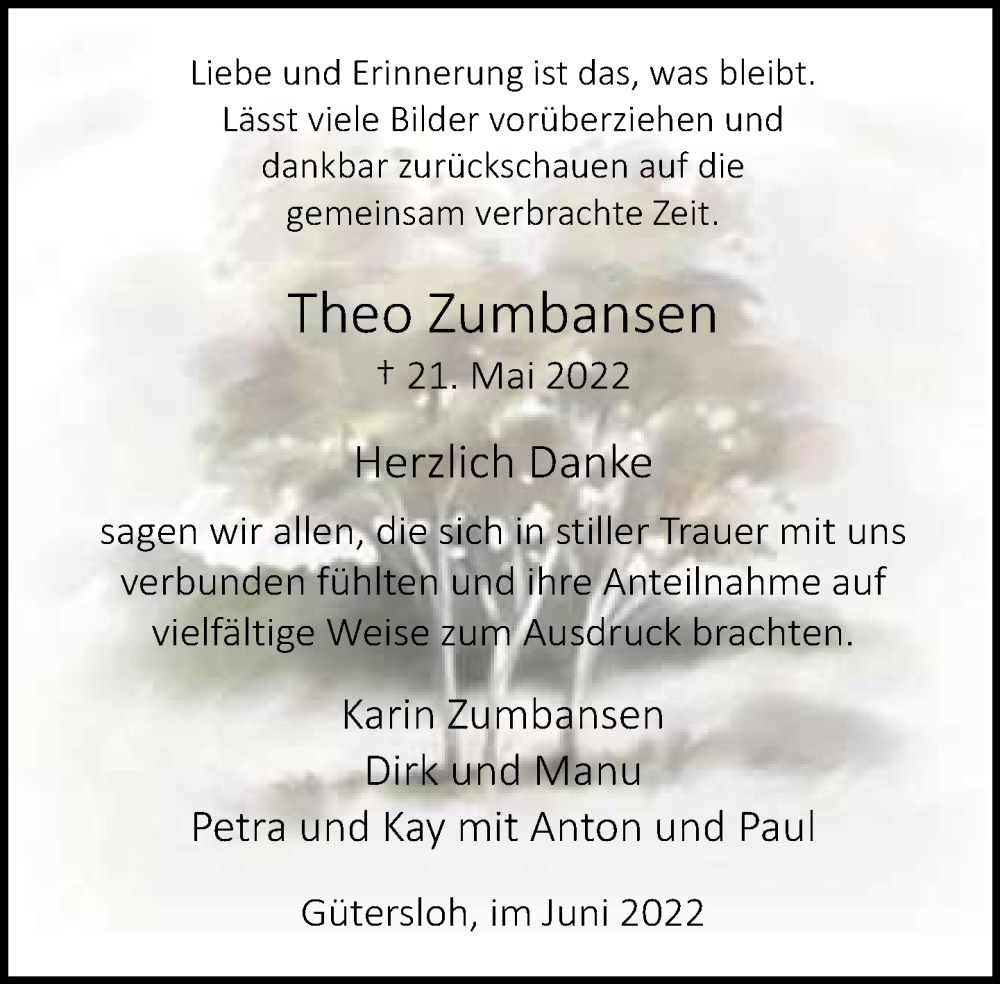  Traueranzeige für Theo Zumbansen vom 25.06.2022 aus Neue Westfälische