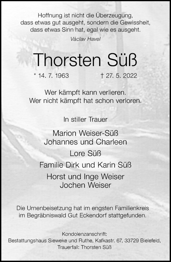 Traueranzeige von Thorsten Süß von Neue Westfälische