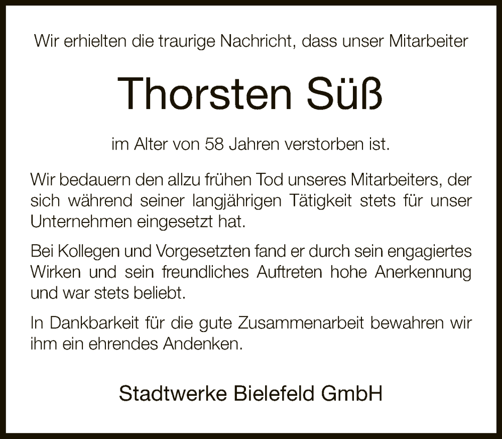  Traueranzeige für Thorsten Süß vom 11.06.2022 aus Neue Westfälische