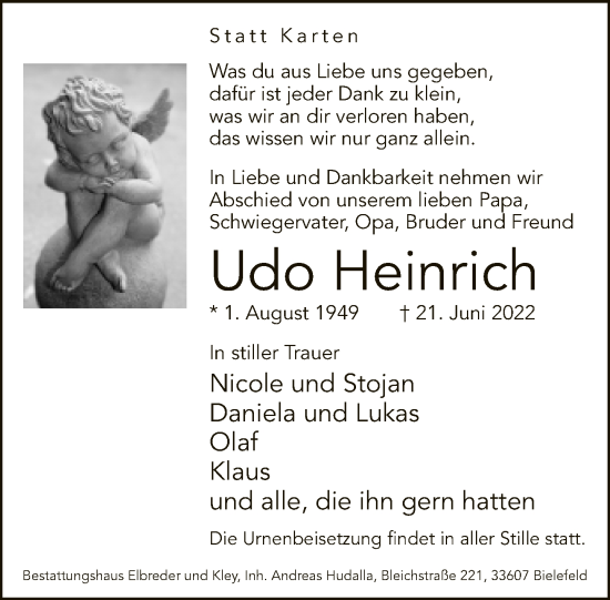 Traueranzeige von Udo Heinrich von Neue Westfälische