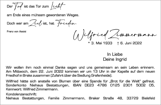 Traueranzeige von Wilfried Zimmermann von Neue Westfälische