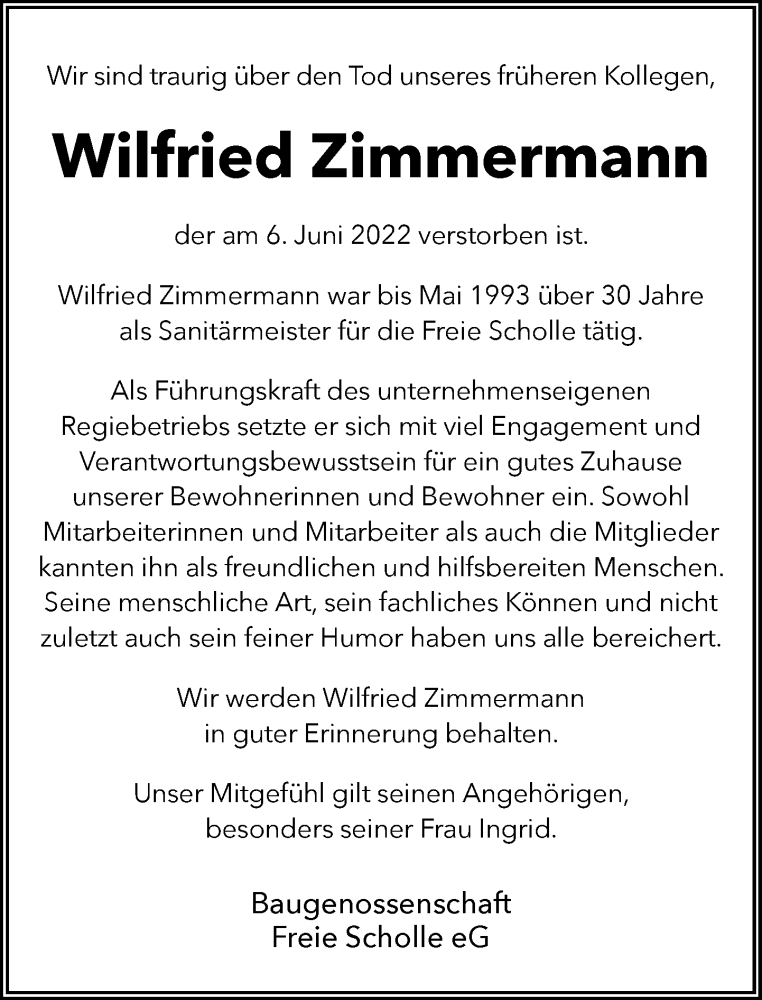  Traueranzeige für Wilfried Zimmermann vom 18.06.2022 aus Neue Westfälische