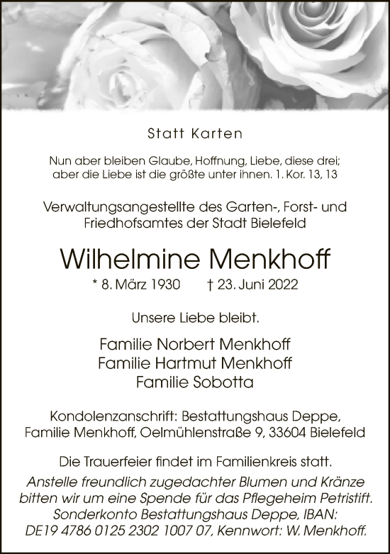 Traueranzeige von Wilhelmine Menkhoff von Neue Westfälische