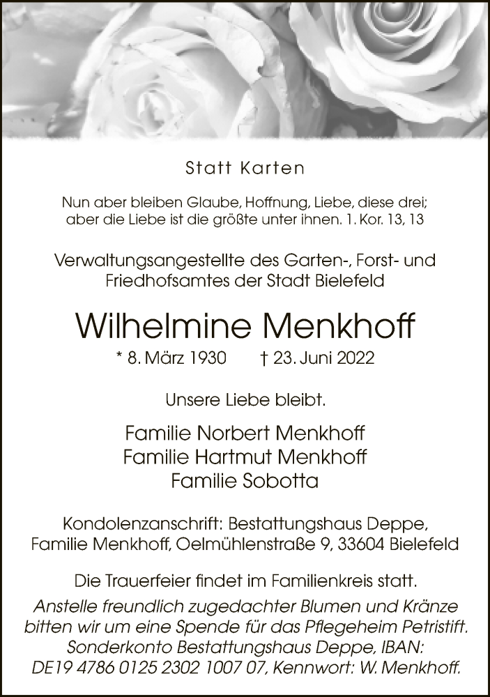  Traueranzeige für Wilhelmine Menkhoff vom 28.06.2022 aus Neue Westfälische