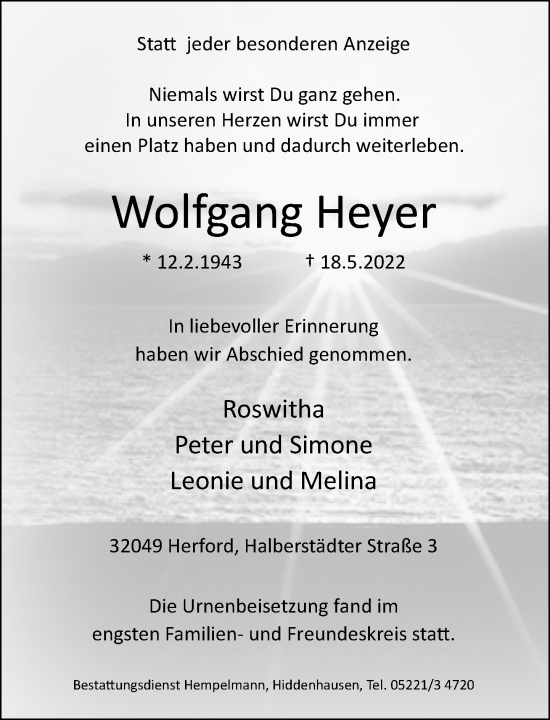 Traueranzeige von Wolfgang Heyer von Neue Westfälische