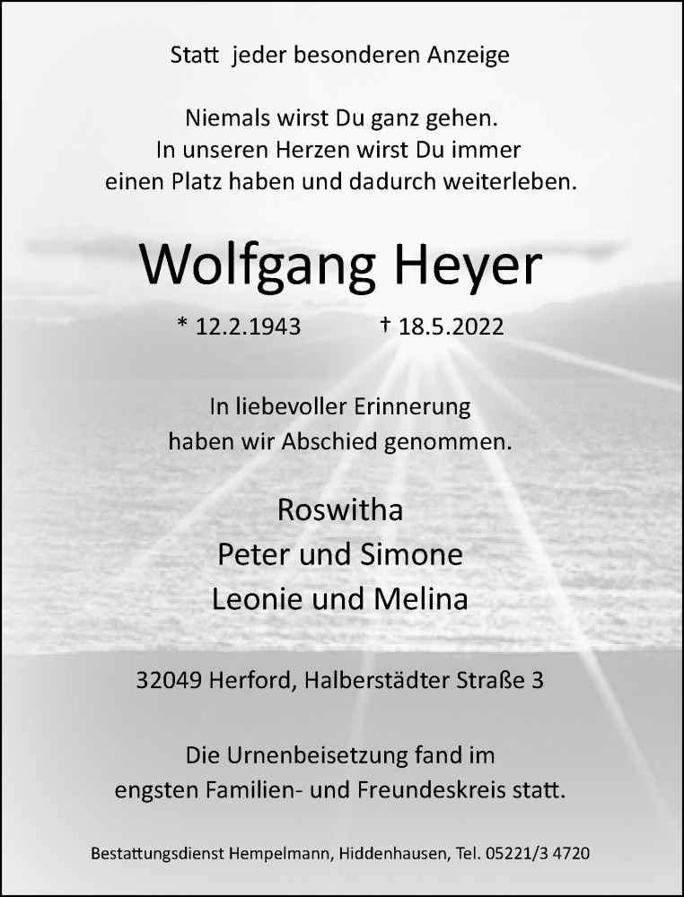  Traueranzeige für Wolfgang Heyer vom 18.06.2022 aus Neue Westfälische