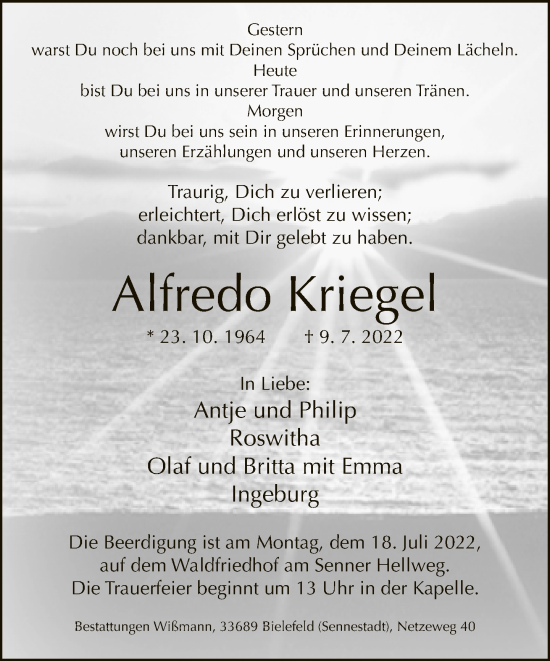 Traueranzeige von Alfredo Kriegel von Neue Westfälische