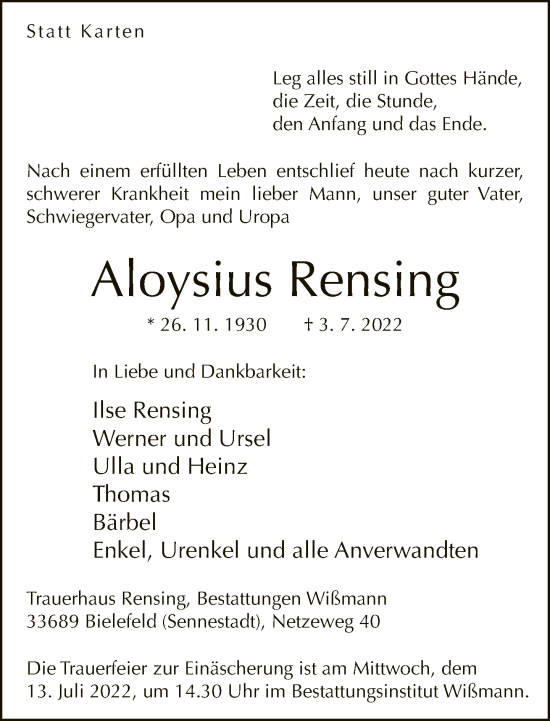 Traueranzeige von Aloysius Rensing von Neue Westfälische