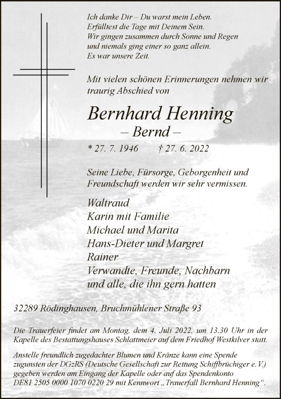 Traueranzeige von Bernhard Henning von Neue Westfälische