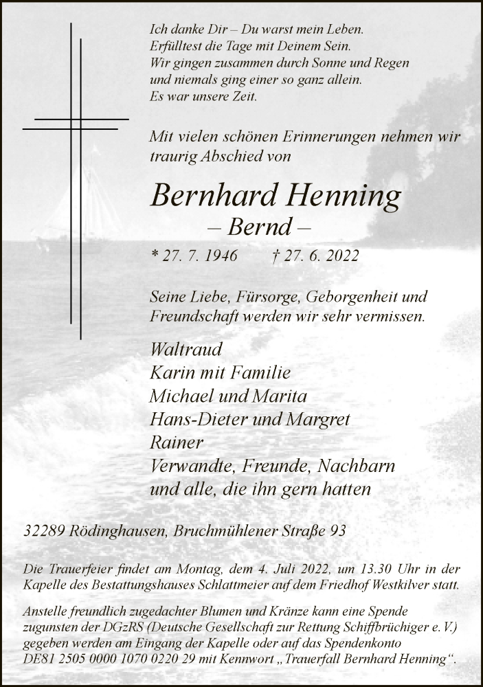  Traueranzeige für Bernhard Henning vom 01.07.2022 aus Neue Westfälische