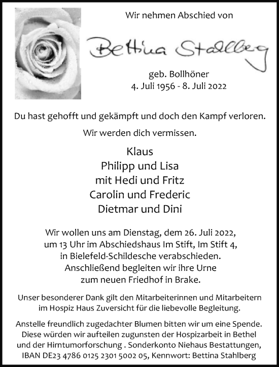 Traueranzeige von Bettina Stahlberg von Neue Westfälische
