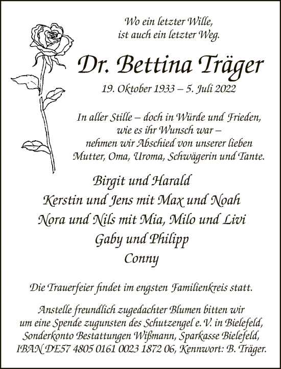Traueranzeige von Bettina Träger von Neue Westfälische