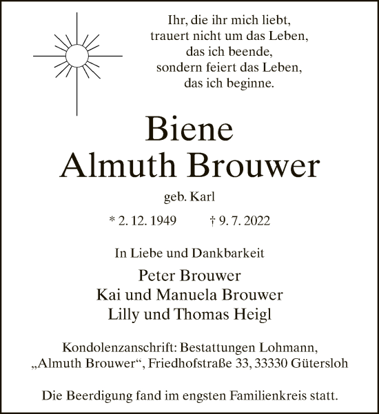 Traueranzeige von Biene Almuth Brouwer von Neue Westfälische