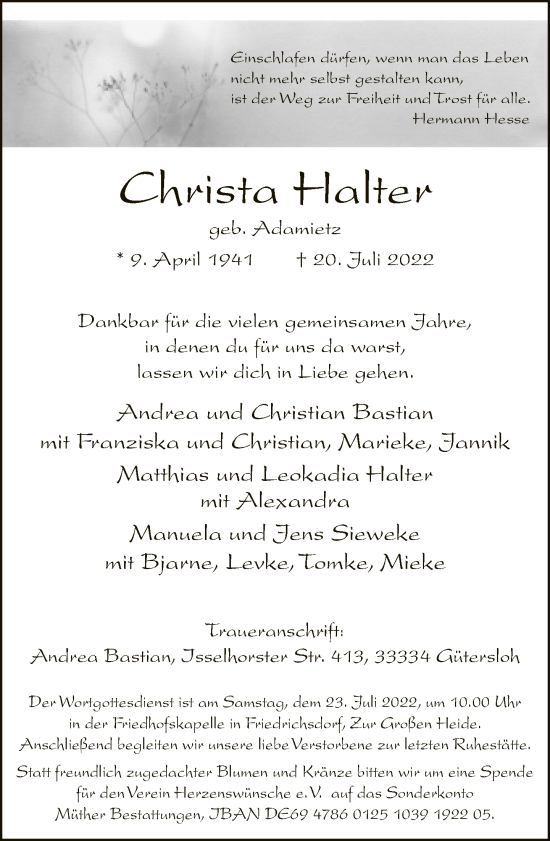 Traueranzeige von Christa Halter von Neue Westfälische