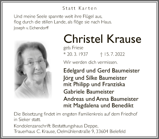 Traueranzeige von Christel Krause von Neue Westfälische