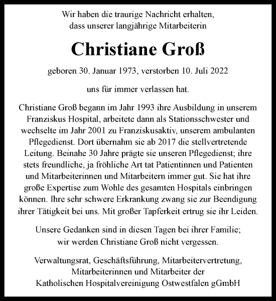 Traueranzeige von Christiane Groß von Neue Westfälische