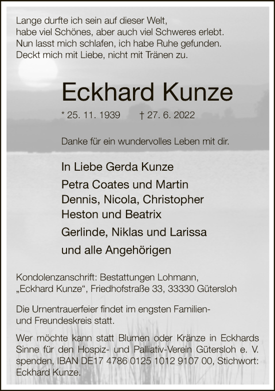 Traueranzeige von Eckhard Kunze von Neue Westfälische