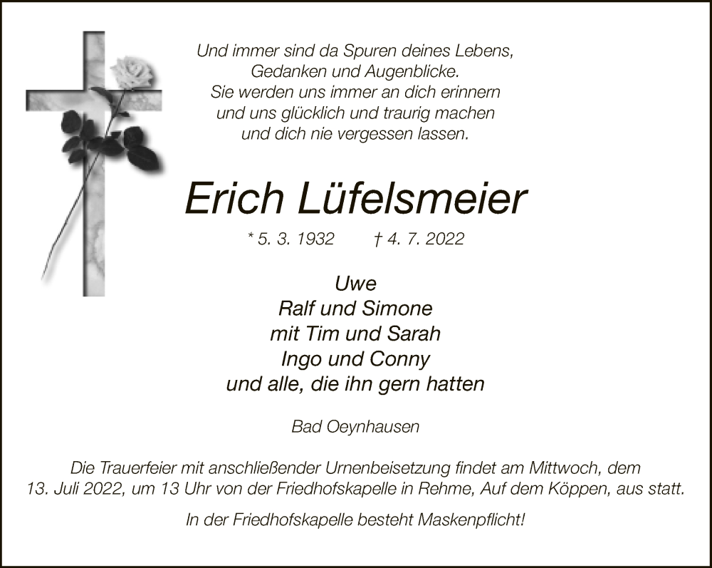  Traueranzeige für Erich Lüfelsmeier vom 09.07.2022 aus Neue Westfälische