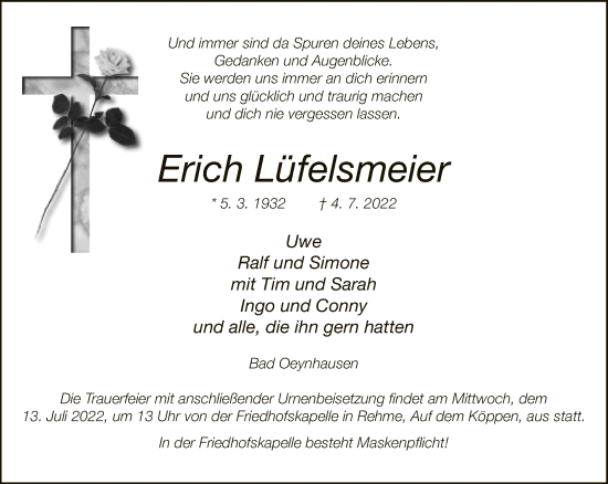 Traueranzeige von Erich Lüfelsmeier von Neue Westfälische