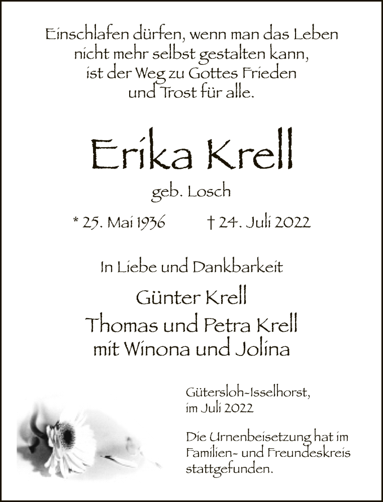  Traueranzeige für Erika Krell vom 30.07.2022 aus Neue Westfälische