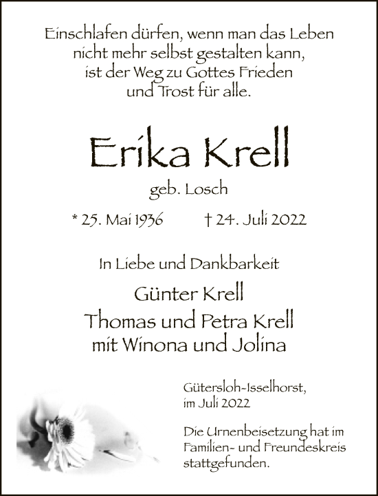 Traueranzeige von Erika Krell von Neue Westfälische