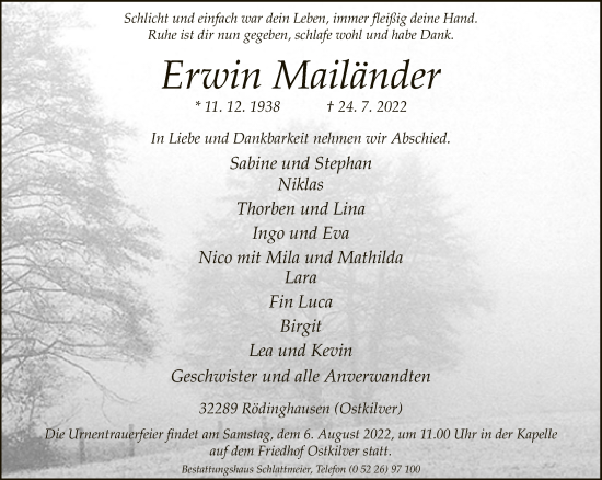 Traueranzeige von Erwin Mailänder von Neue Westfälische