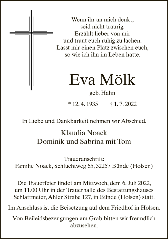 Traueranzeige von Eva Mölk von Neue Westfälische