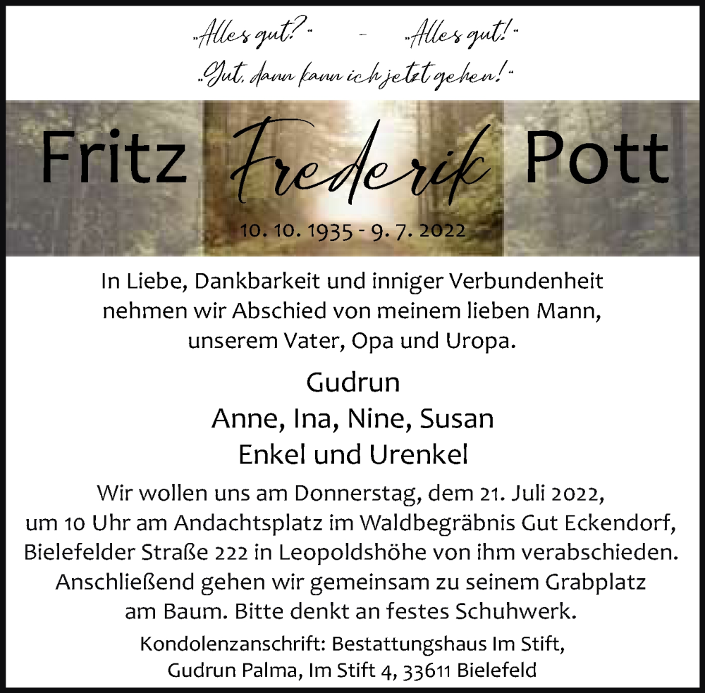  Traueranzeige für Frederik Pott vom 16.07.2022 aus Neue Westfälische