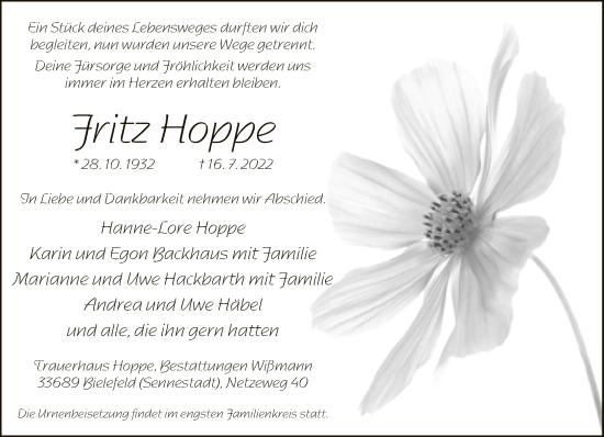 Traueranzeige von Fritz Hoppe von Neue Westfälische