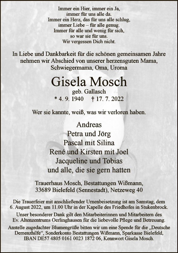  Traueranzeige für Gisela Mosch vom 23.07.2022 aus Neue Westfälische