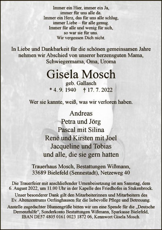 Traueranzeige von Gisela Mosch von Neue Westfälische