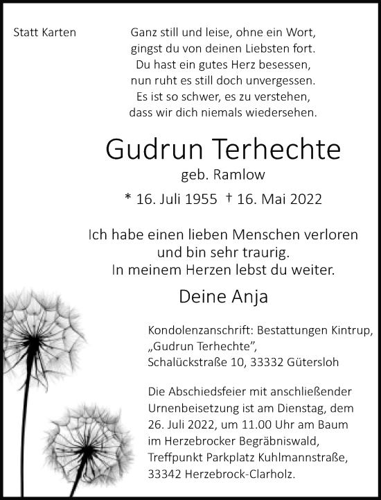 Traueranzeige von Gudrun Terhechte von Neue Westfälische