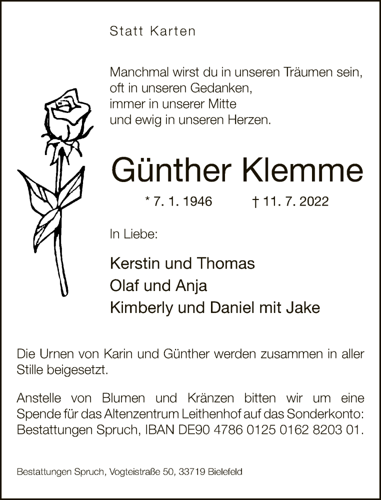  Traueranzeige für Günther Klemme vom 16.07.2022 aus Neue Westfälische